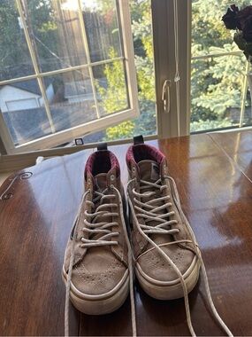 MT vans of the wall Tan Suede High-Top Sneakers with Red Plaid Collar
